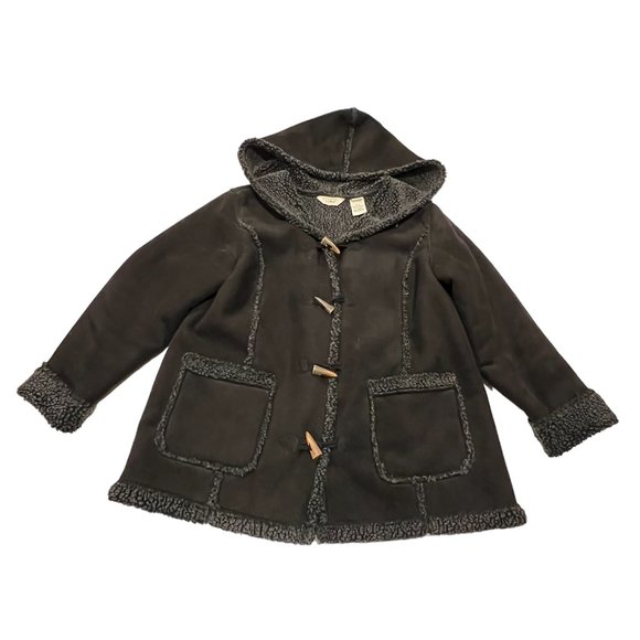 L.L. Bean Women's Microsuede Sherpa Hooded Jacket, Horn Buttons, Black, LP - Picture 6 of 6